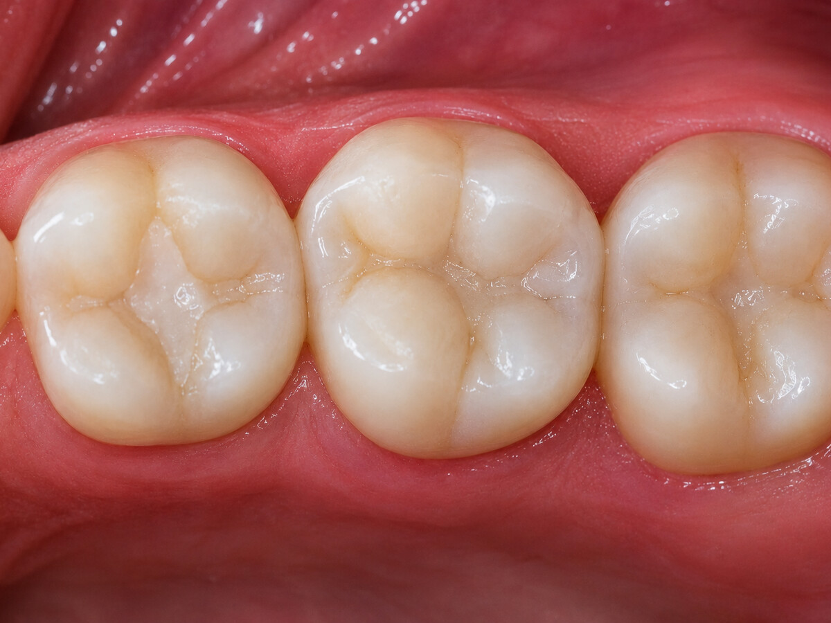 The same molars restored with tooth-coloured composite fillings