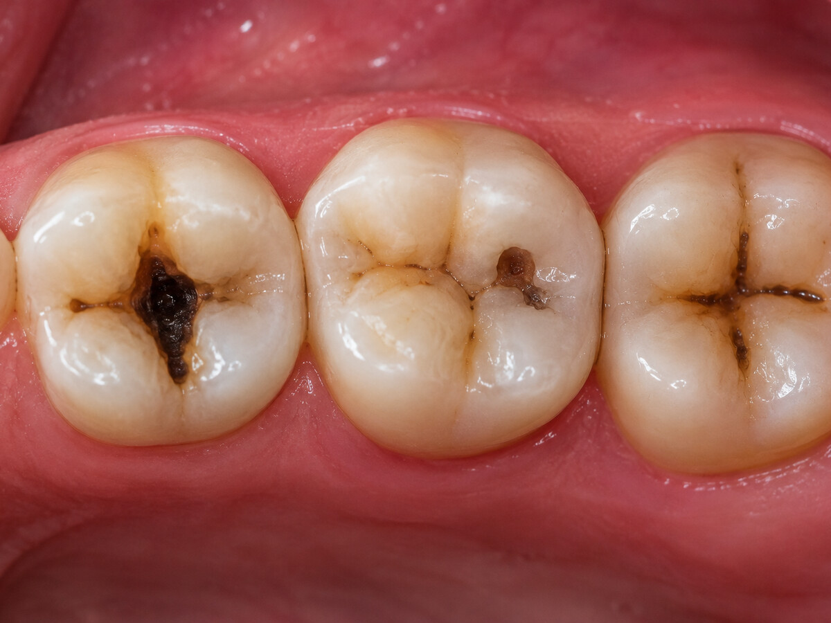 Molars with visible decay in the biting surface, including one deep dark cavity, before treatment