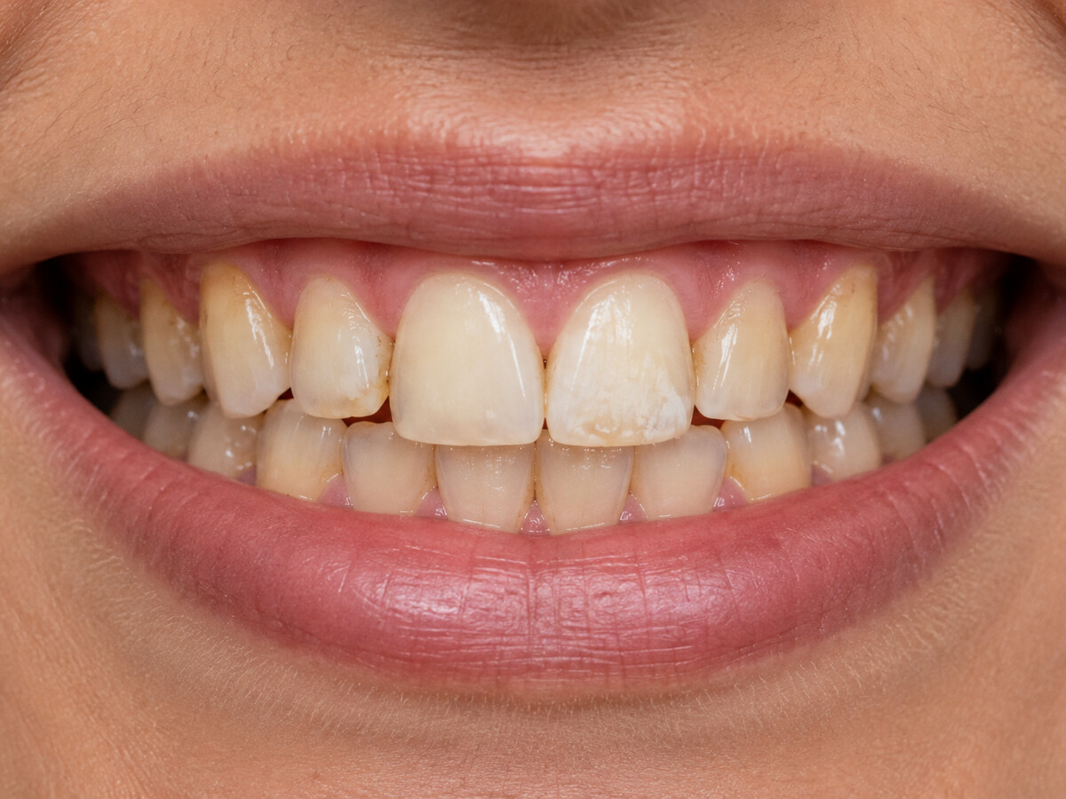 Stained, uneven front teeth with visible white patches and worn edges, before smile design