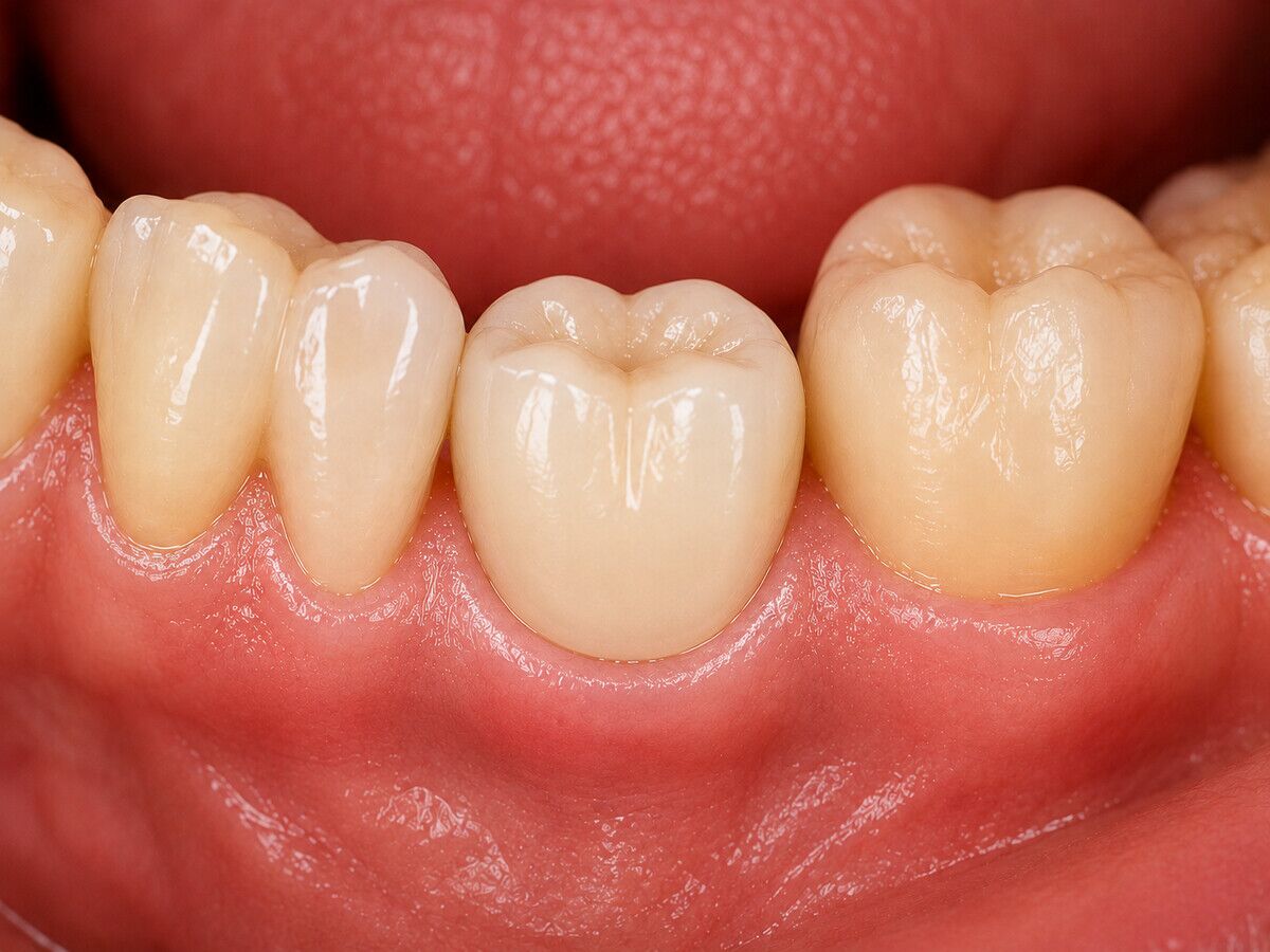 The same implant restored with a crown that matches the neighbouring teeth