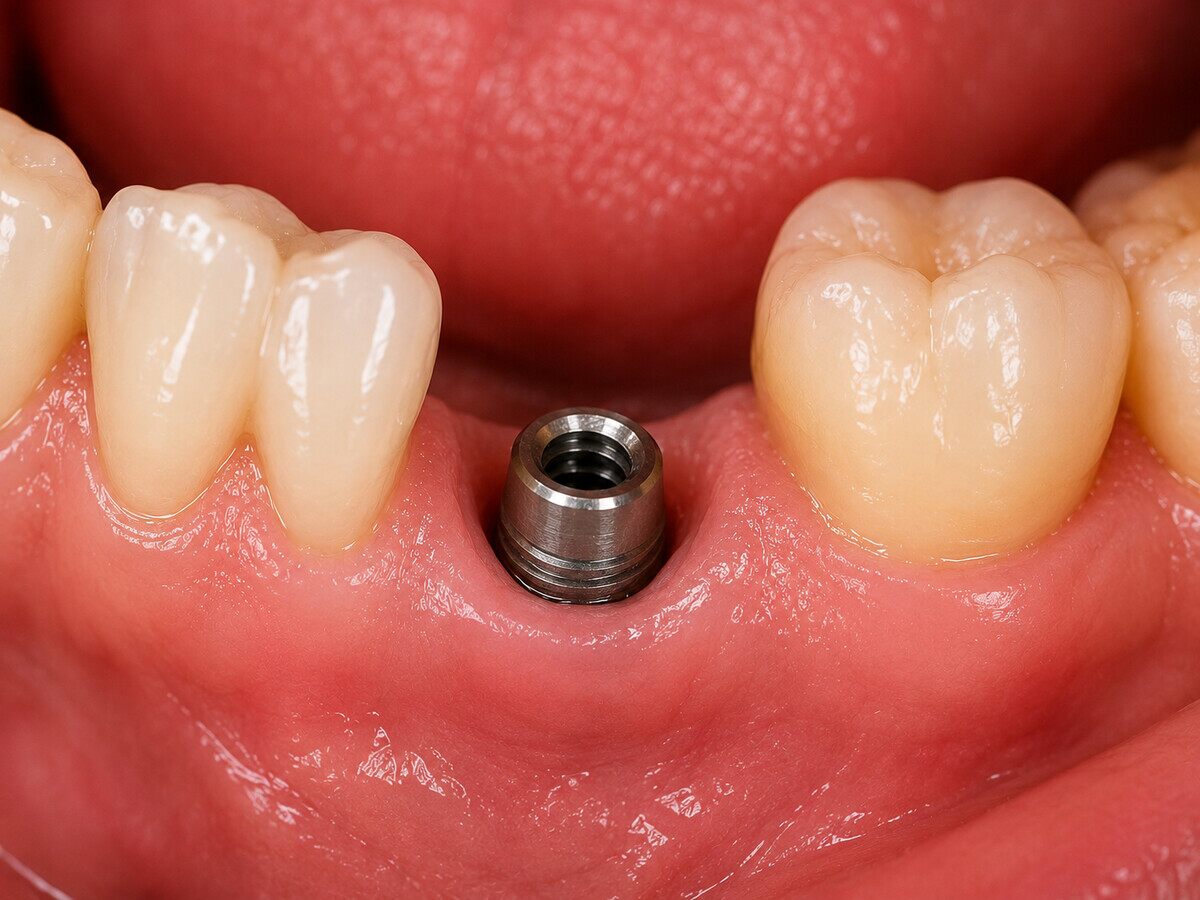 A healed implant in the lower jaw with the abutment exposed, before the crown is fitted