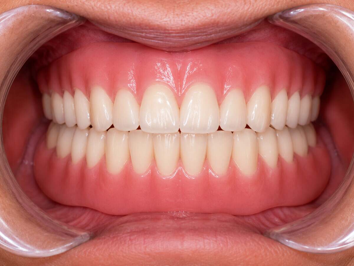 The same mouth restored with complete upper and lower dentures