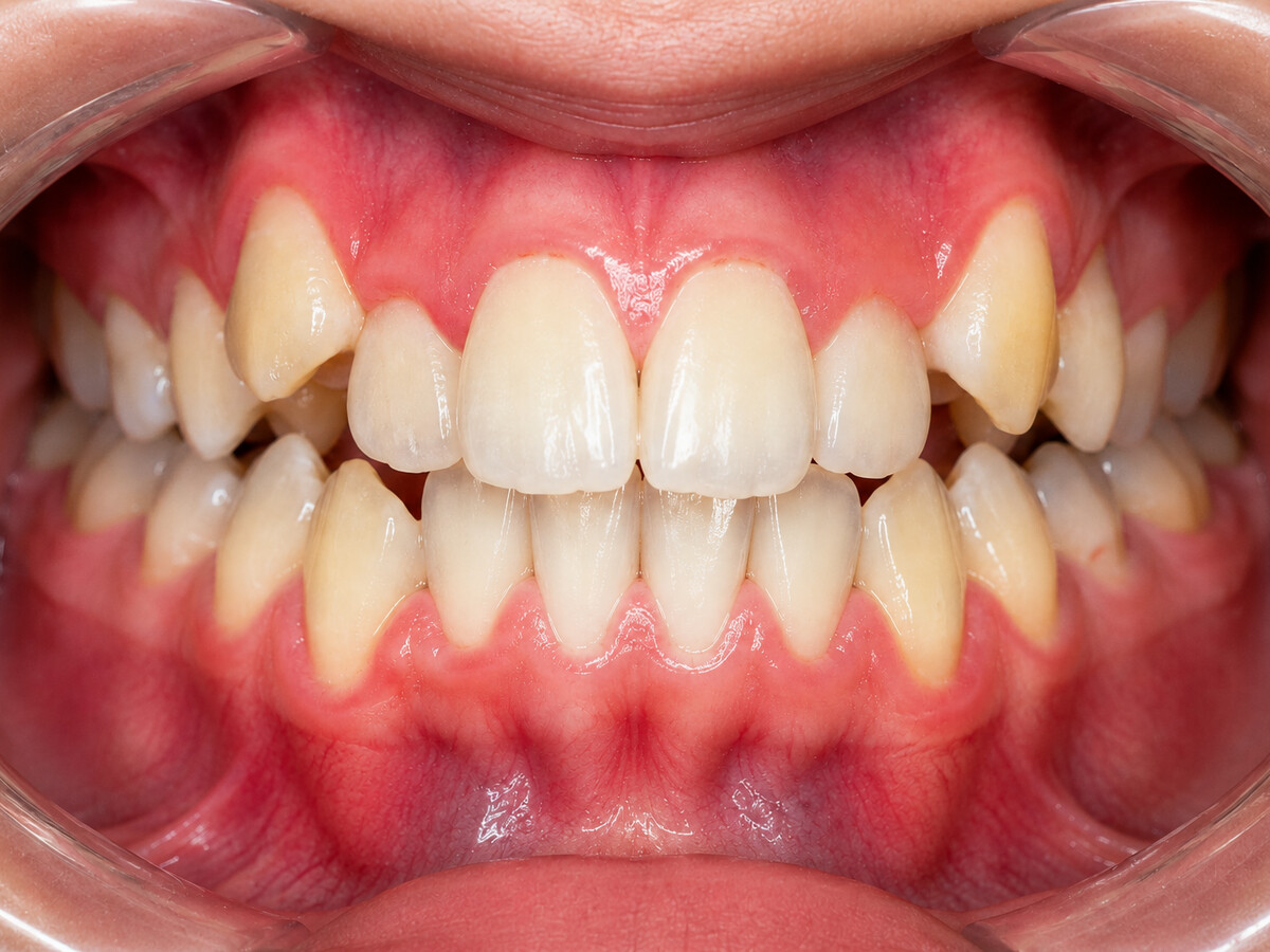 Crowded and overlapping upper and lower teeth before aligner treatment