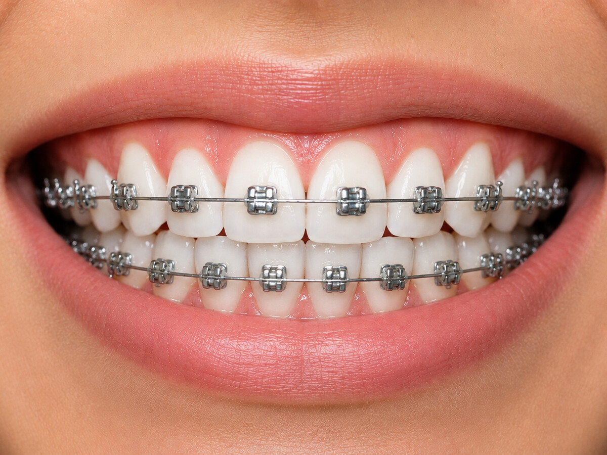 The same teeth later in treatment, aligned and evened out, with the braces still in place