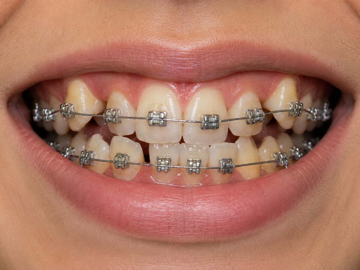 Crowded, misaligned teeth at the start of orthodontic treatment, with braces newly fitted