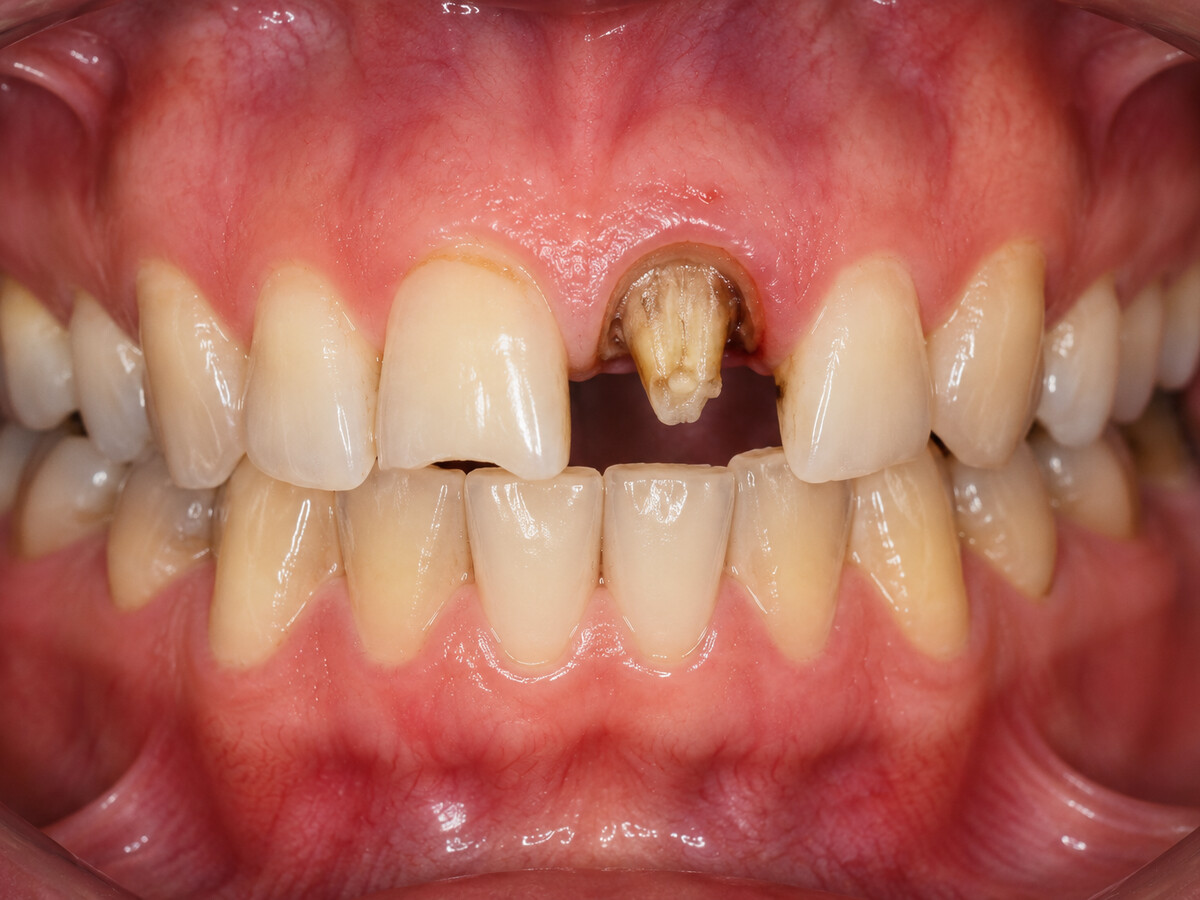 A front tooth broken down to the gum line, with only the discoloured root face remaining