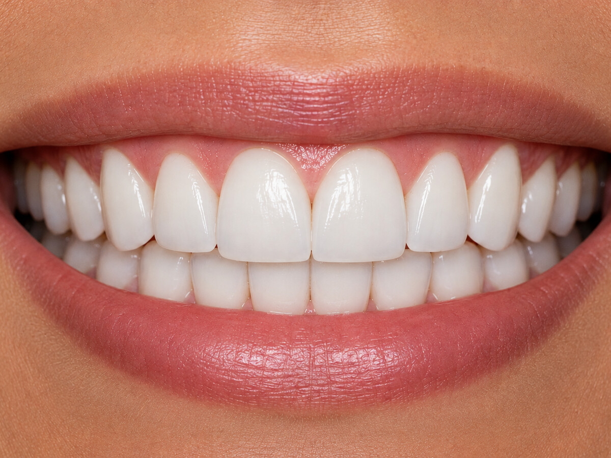 The same smile after veneers, with even shape, edge and shade
