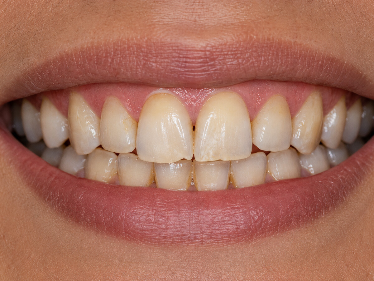Discoloured, uneven and worn front teeth before veneer treatment