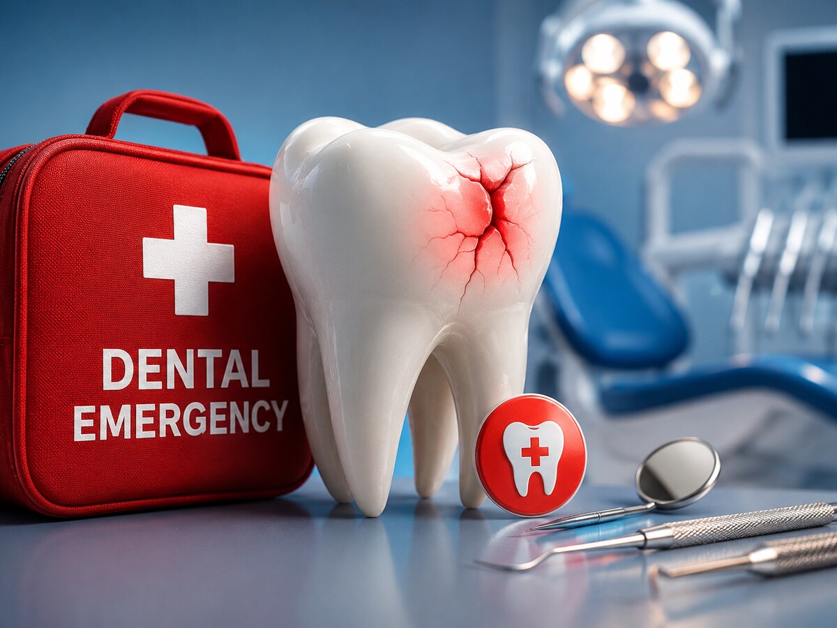 A dental emergency kit beside a cracked, painful tooth and dental instruments in a treatment room