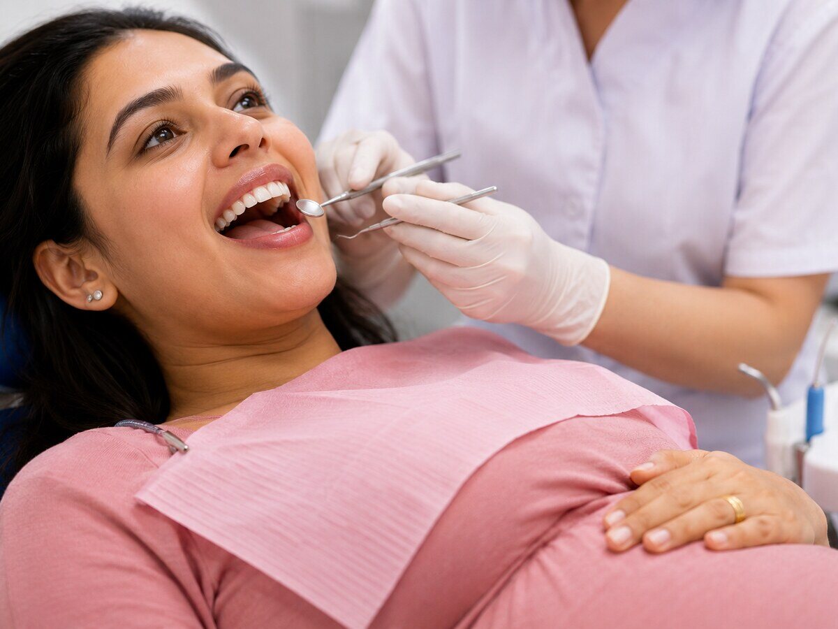 A pregnant patient having a relaxed dental check-up at Mahavirai Dental and Medical Care, Gurgaon